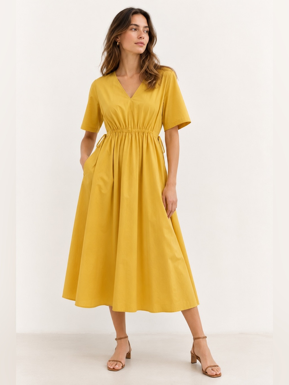 Weekend Max Mara Bairo Sunflower Yellow Cotton Midi Dress Tie Waist Pockets